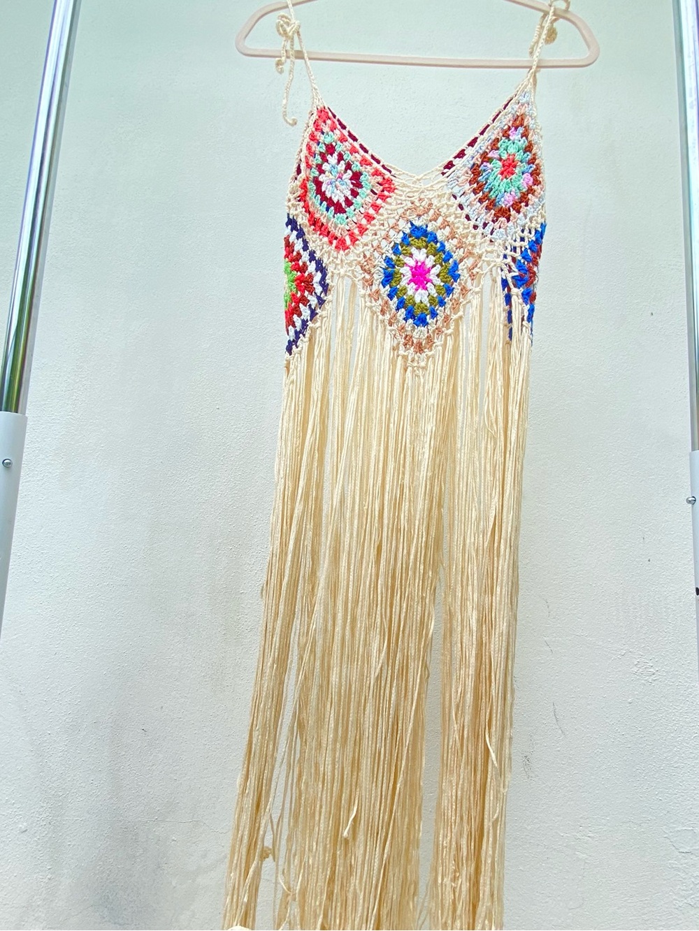 Boho Cream Multicolor Crochet Long Fringe Top One Size